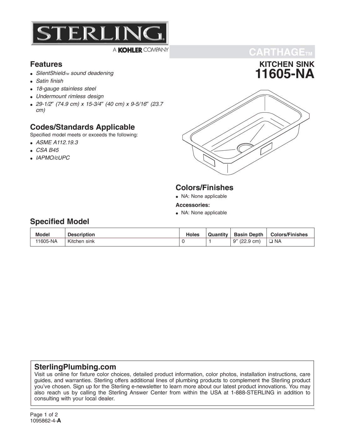 Sterling Plumbing 11605-NA installation instructions 