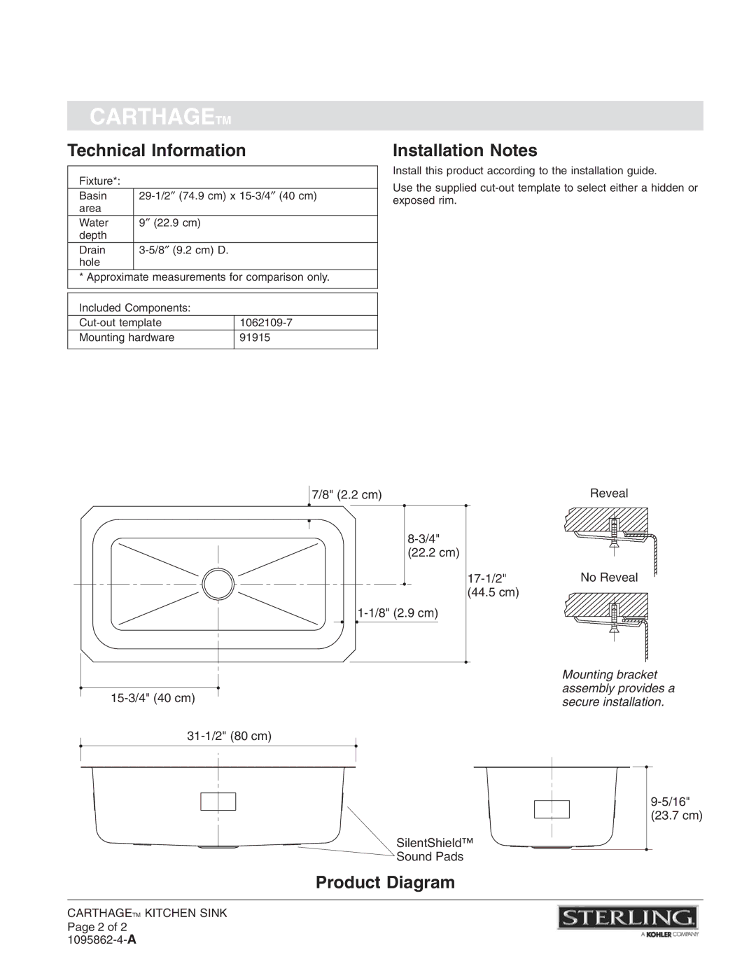 Sterling Plumbing 11605-NA installation instructions Technical Information, Installation Notes, Product Diagram 