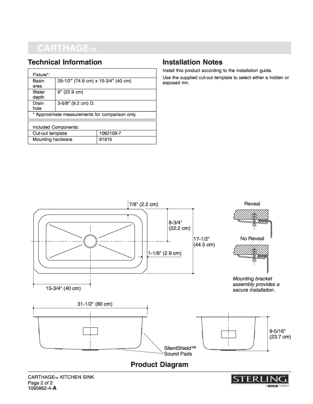 Sterling Plumbing 11605-NA Technical Information, Installation Notes, Product Diagram, Mounting bracket, 15-3/440 cm 