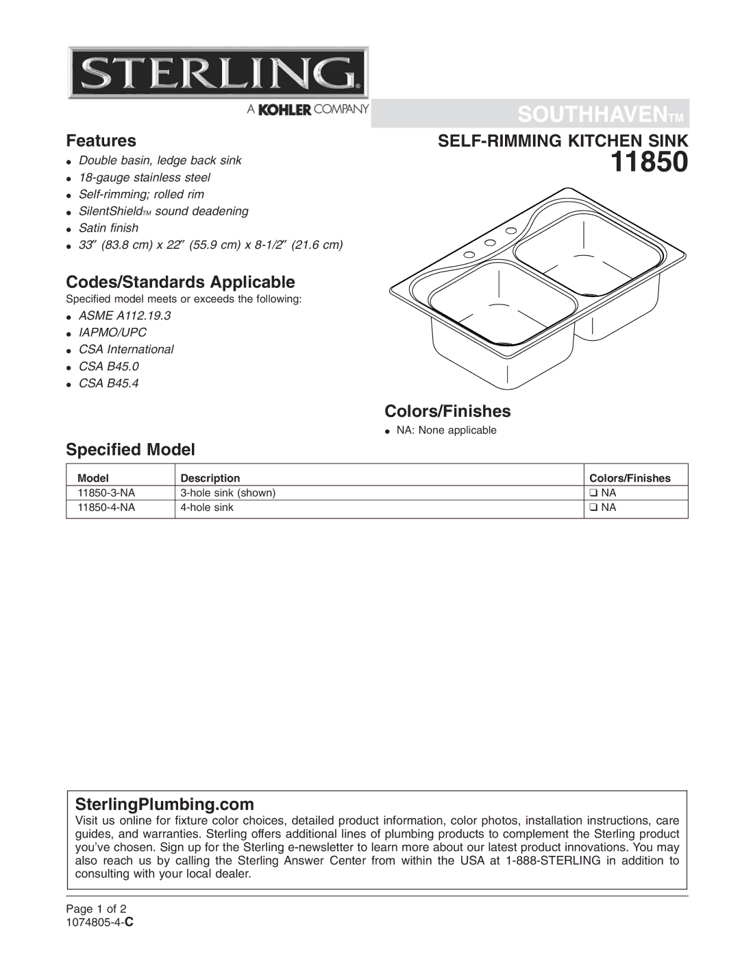 Sterling Plumbing 11850 installation instructions Codes/Standards Applicable, Colors/Finishes, Speciﬁed Model 