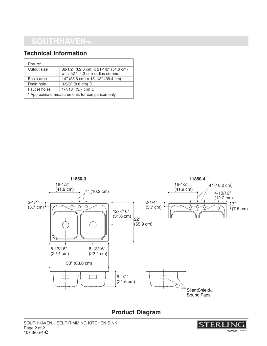 Sterling Plumbing 11850 installation instructions Southhaventm, Technical Information, Product Diagram 