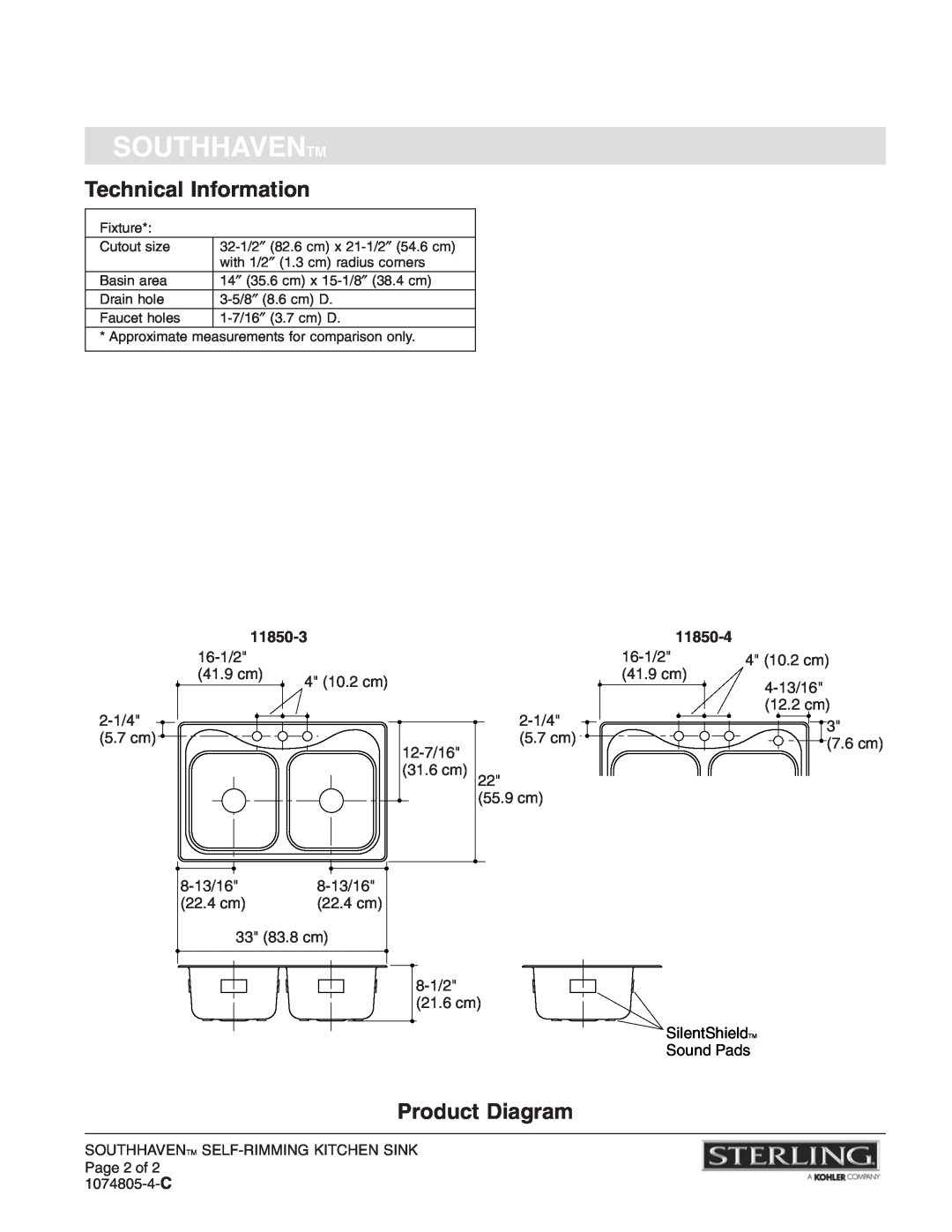 Sterling Plumbing installation instructions Technical Information, Product Diagram, Southhaventm, 11850-3, 11850-4 