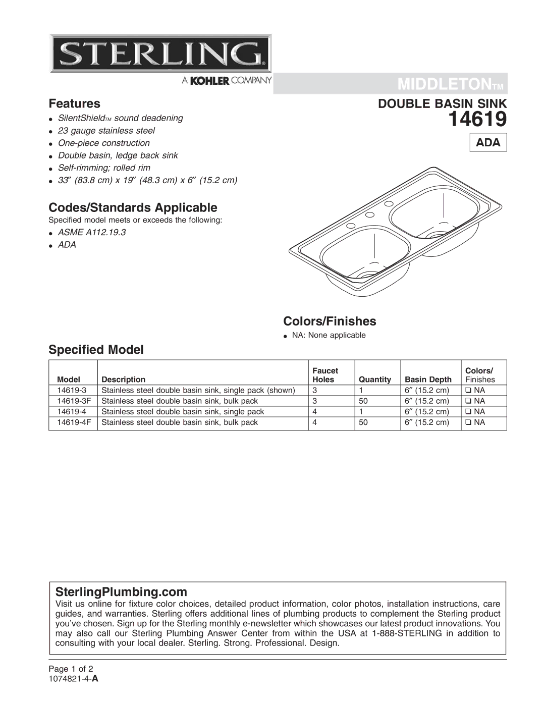 Sterling Plumbing 14619-3 installation instructions Codes/Standards Applicable, Colors/Finishes, Speciﬁed Model 