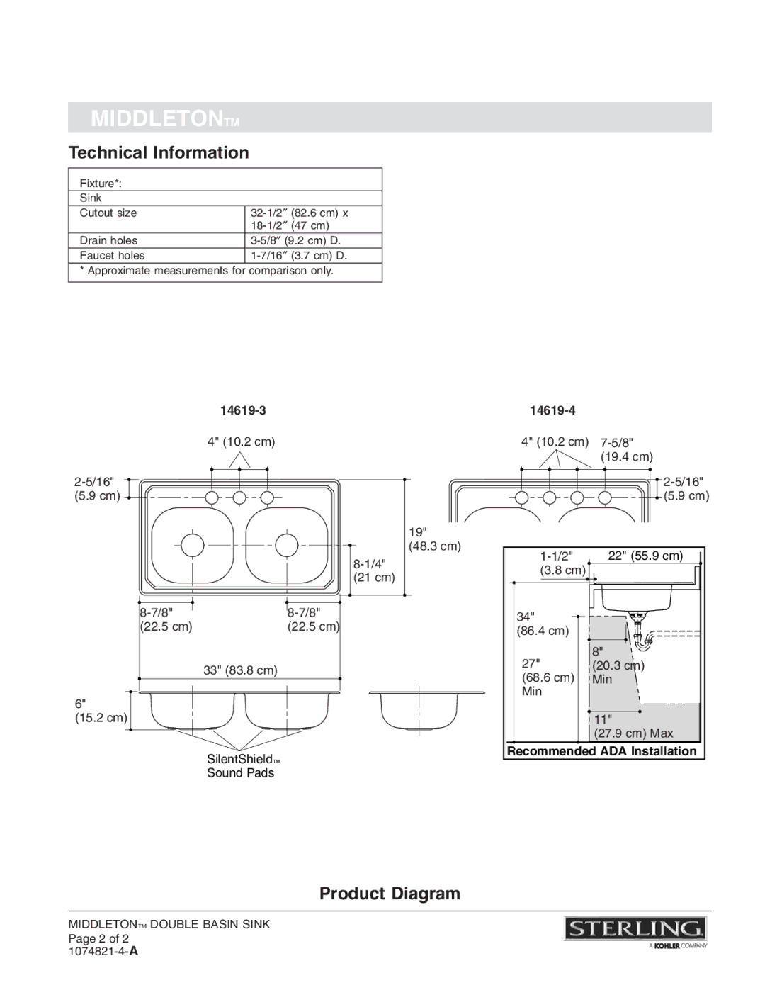 Sterling Plumbing 14619-3 installation instructions Middletontm, Technical Information, Product Diagram, 14619-4 