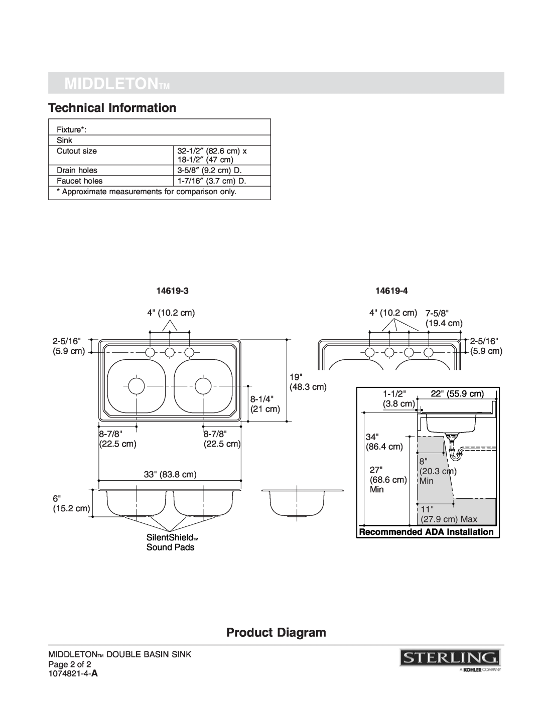 Sterling Plumbing 14619-3 Technical Information, Product Diagram, Middletontm, 14619-4, Recommended ADA Installation 