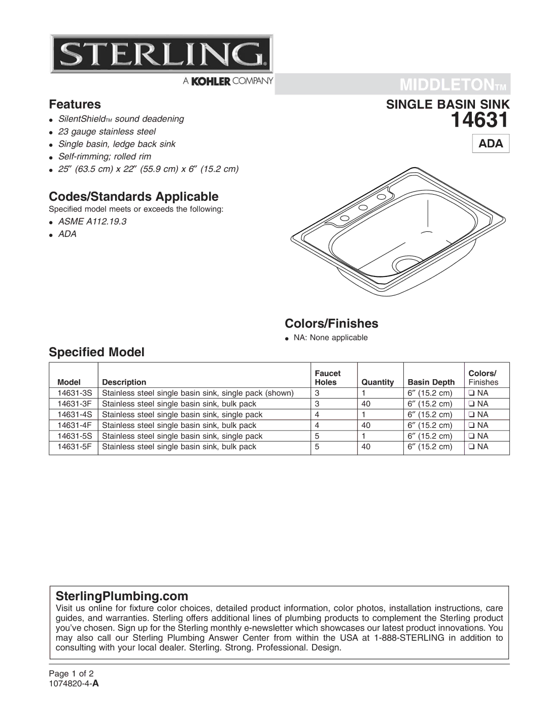 Sterling Plumbing 14631 installation instructions Codes/Standards Applicable, Colors/Finishes, Speciﬁed Model 