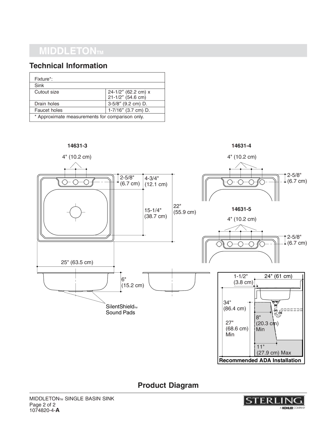 Sterling Plumbing 14631 installation instructions Middletontm, Technical Information, Product Diagram 