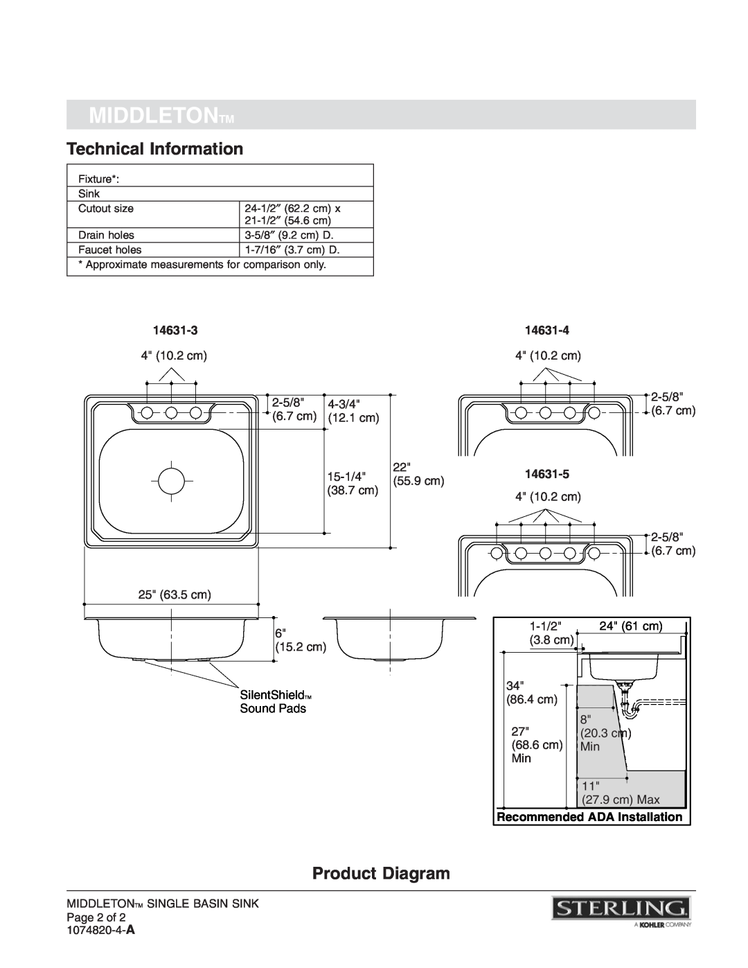 Sterling Plumbing Technical Information, Product Diagram, Middletontm, 14631-3, 14631-4, 14631-5 