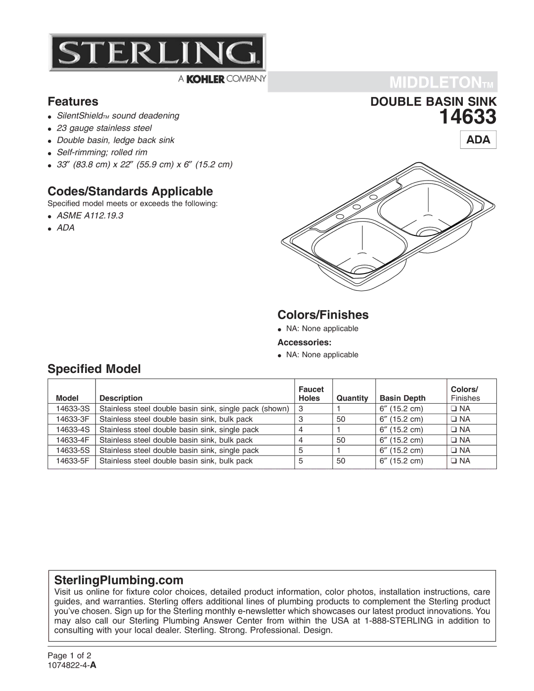 Sterling Plumbing 14633 installation instructions Codes/Standards Applicable, Colors/Finishes, Speciﬁed Model 