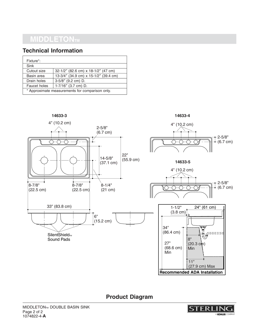 Sterling Plumbing 14633 installation instructions Middletontm, Technical Information, Product Diagram 