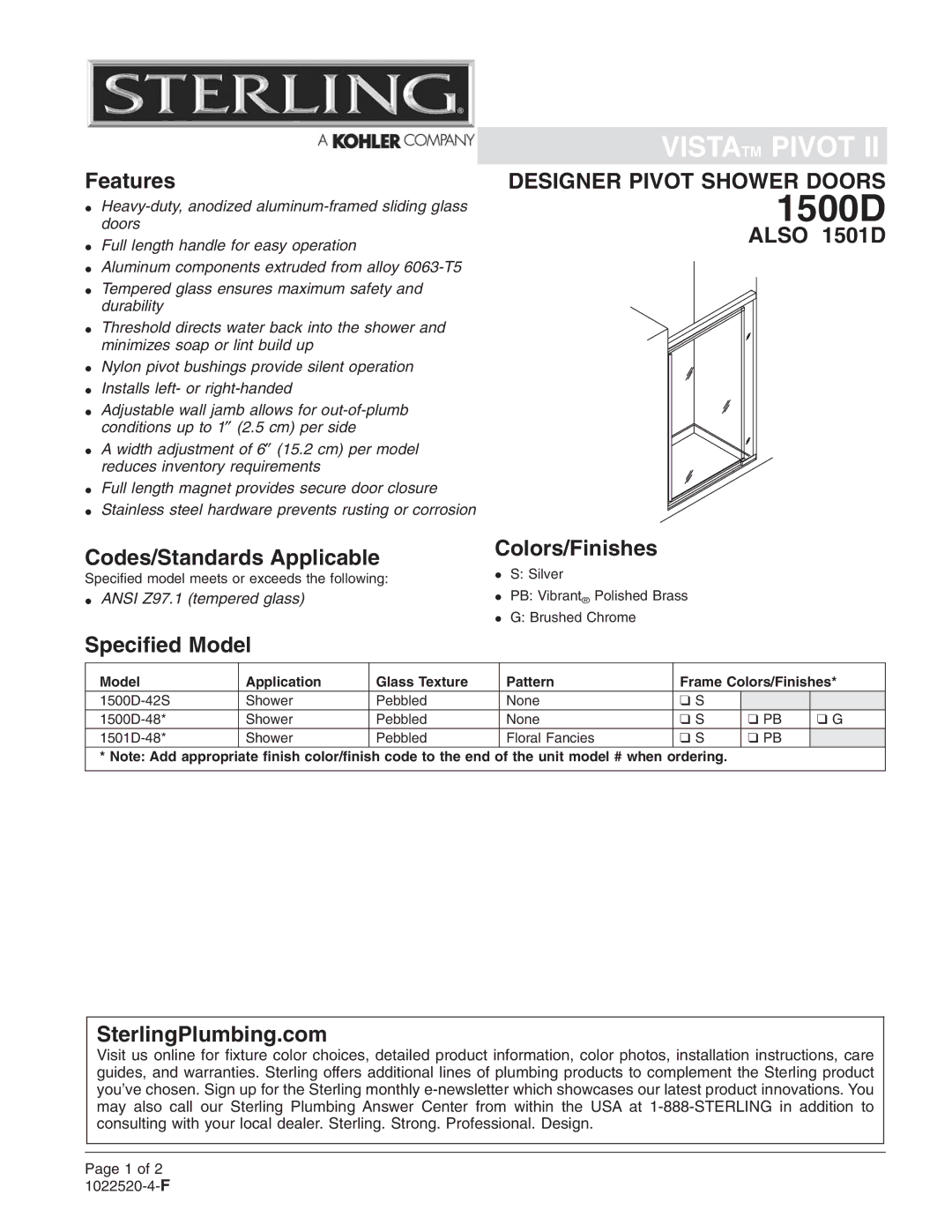 Sterling Plumbing 1500D installation instructions Features, Also 1501D Codes/Standards Applicable Colors/Finishes 