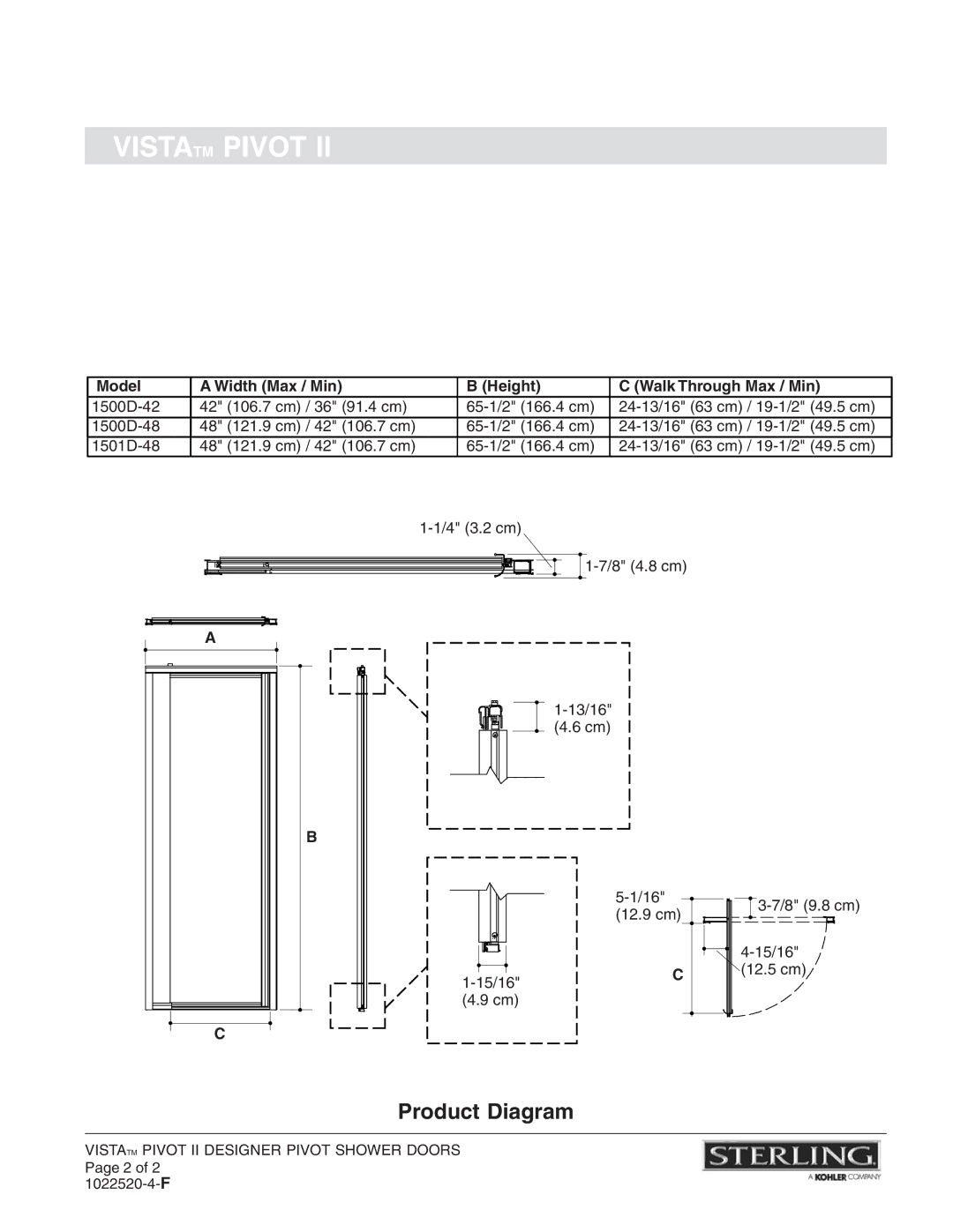 Sterling Plumbing 1501D, 1500D Product Diagram, Model Width Max / Min Height Walk Through Max / Min 