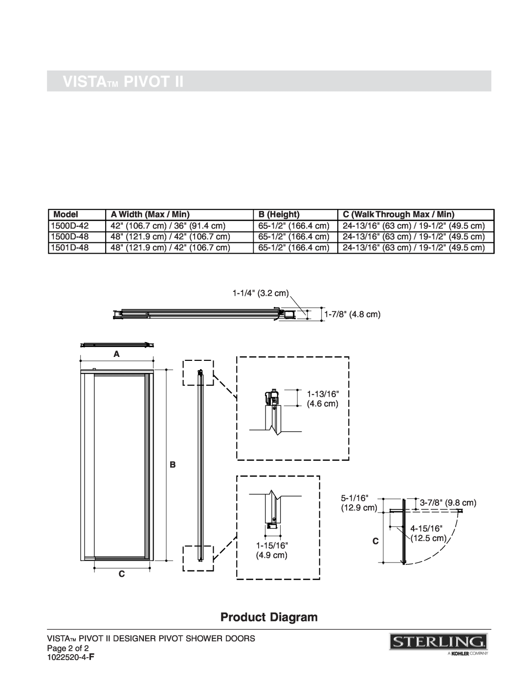 Sterling Plumbing 1501D Product Diagram, Vistatm Pivot, Model, A Width Max / Min, B Height, C Walk Through Max / Min 