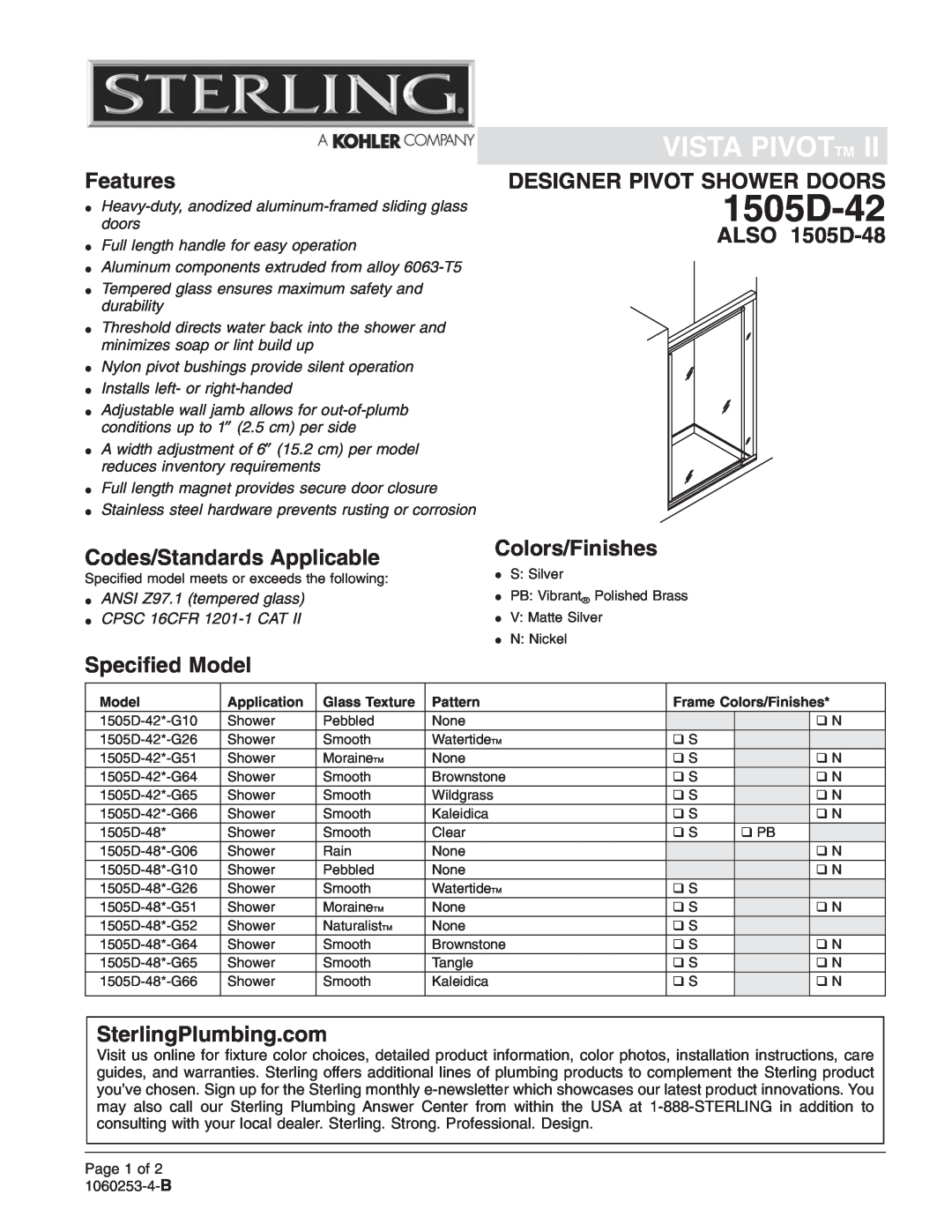 Sterling Plumbing installation instructions Vista Pivottm, Features, Designer Pivot Shower Doors, ALSO 1505D-48 