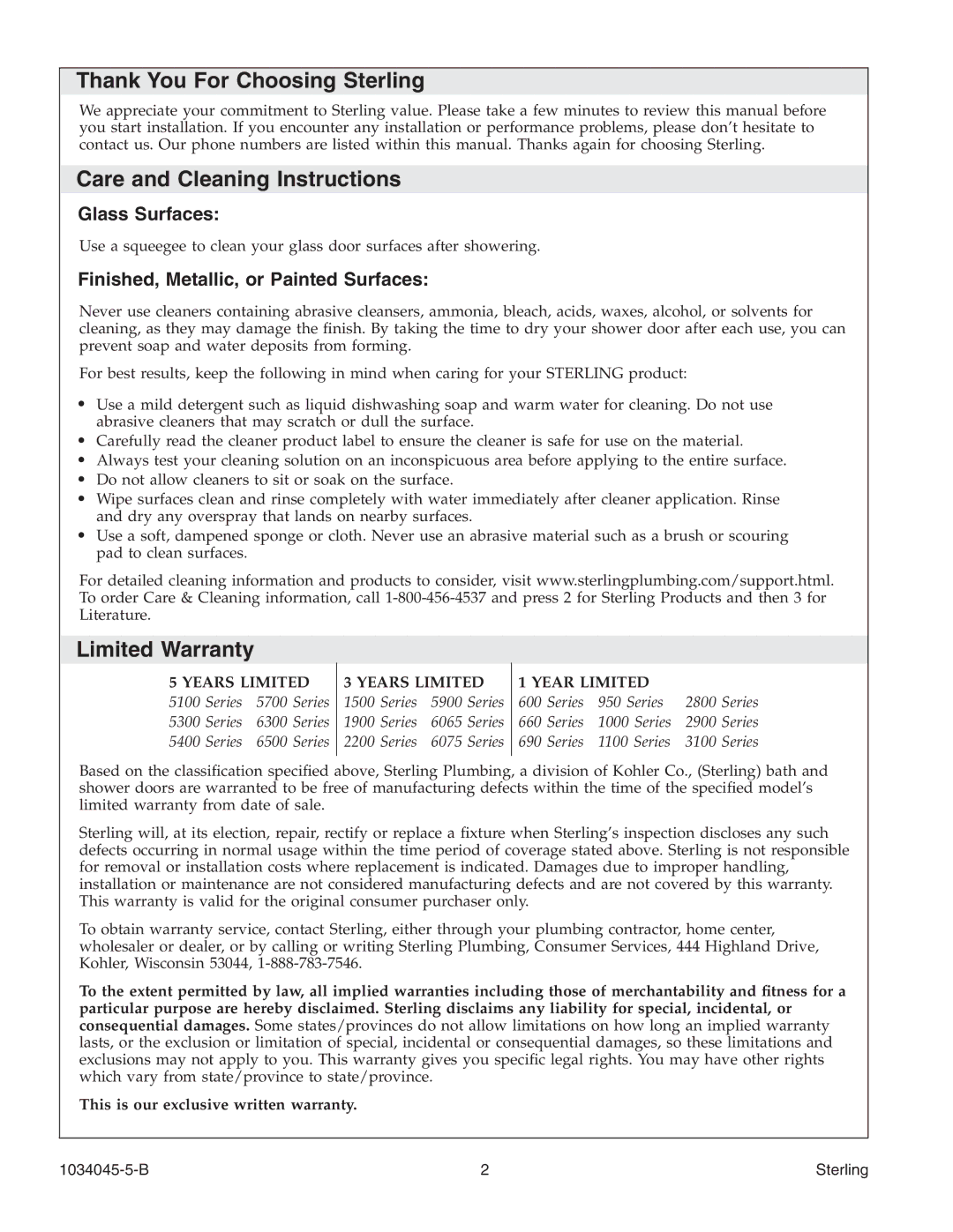 Sterling Plumbing 2200A-36 manual Thank You For Choosing Sterling, Care and Cleaning Instructions, Limited Warranty 