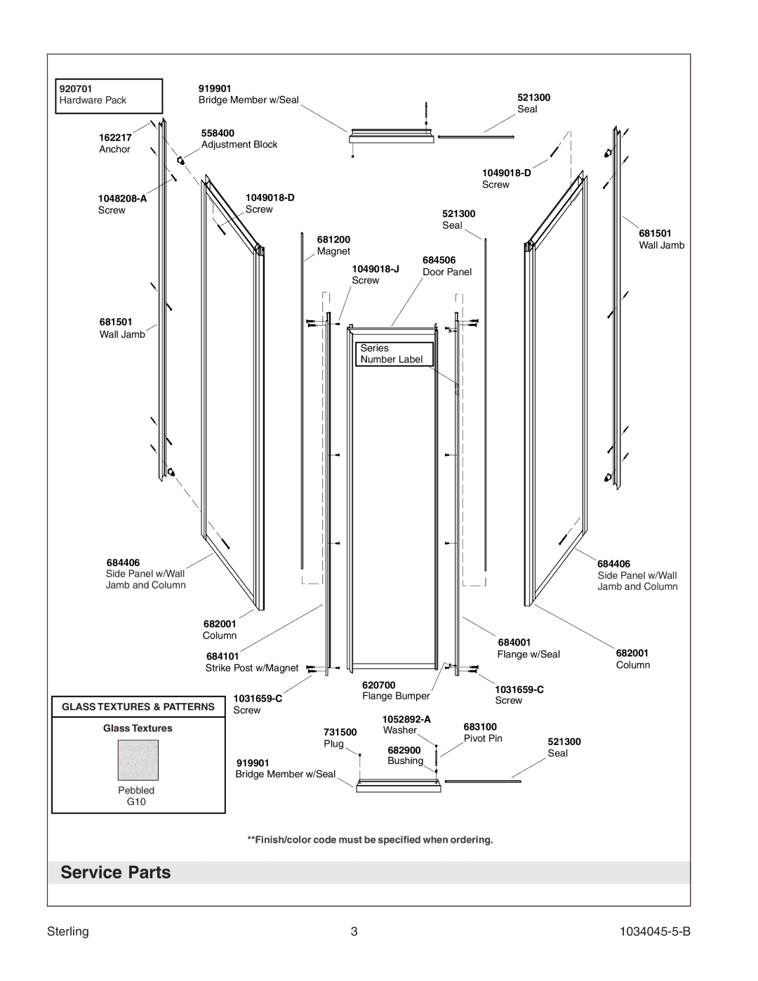 Sterling Plumbing 2200A-36 manual Service Parts, Sterling 1034045-5-B, Glass Textures & Patterns 