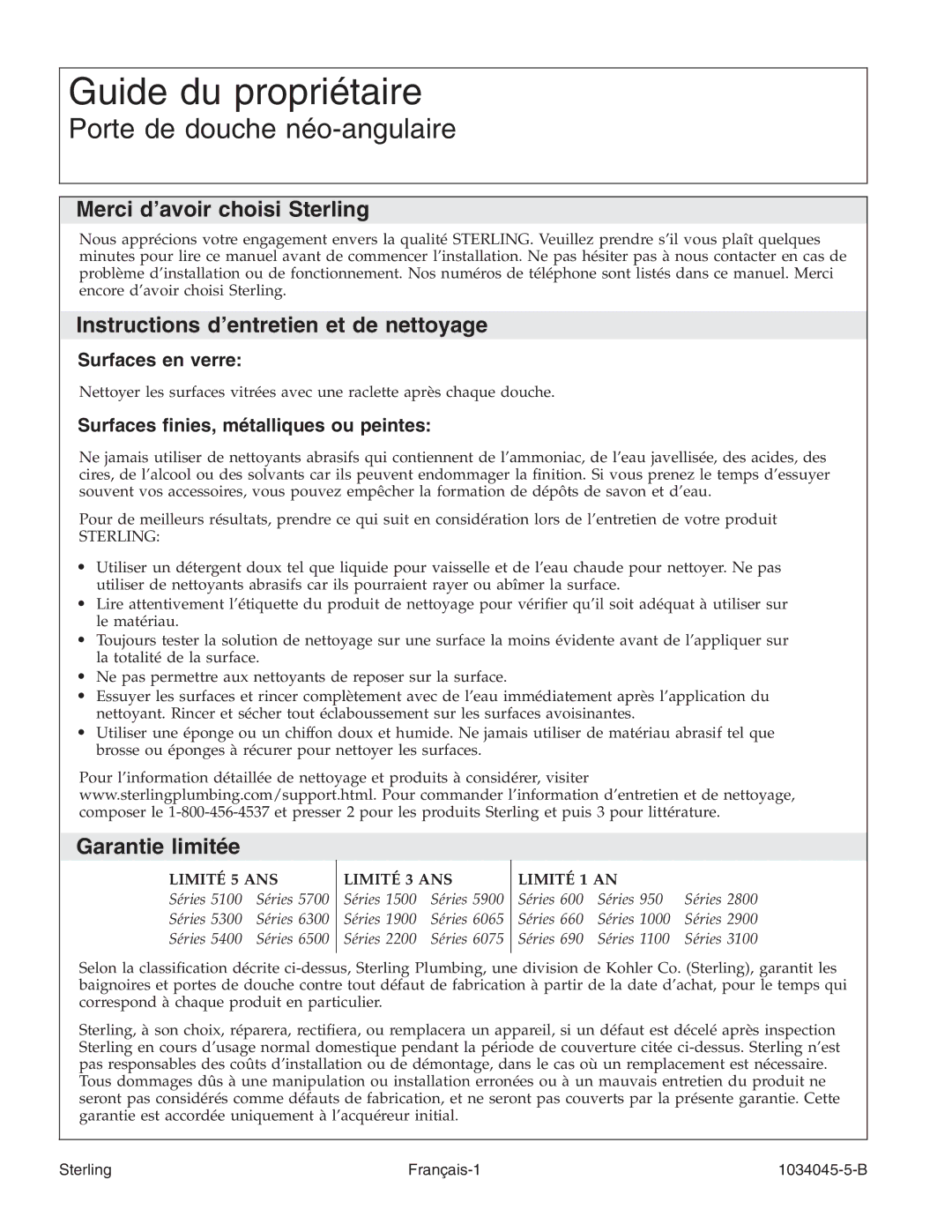 Sterling Plumbing 2200A-36 manual Guide du propriétaire, Porte de douche néo-angulaire, Merci d’avoir choisi Sterling 