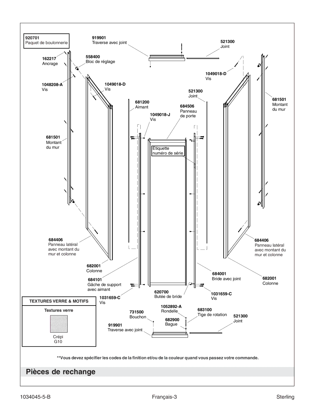 Sterling Plumbing 2200A-36 manual Pièces de rechange, B Français-3 Sterling, Textures Verre & Motifs 