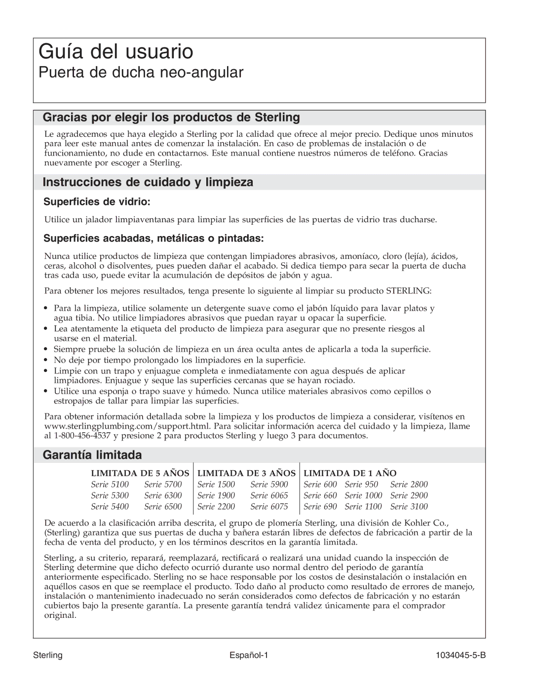 Sterling Plumbing 2200A-36 Guía del usuario, Puerta de ducha neo-angular, Gracias por elegir los productos de Sterling 