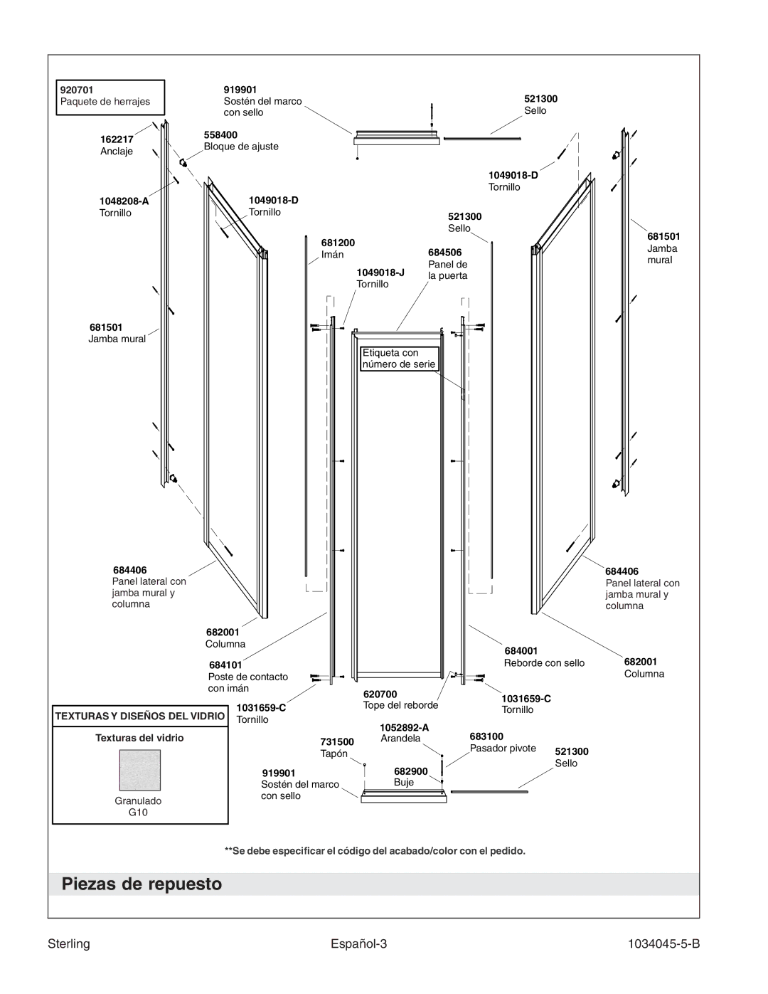 Sterling Plumbing 2200A-36 manual Piezas de repuesto, Sterling Español-3 1034045-5-B, Texturas Y Diseños DEL Vidrio 