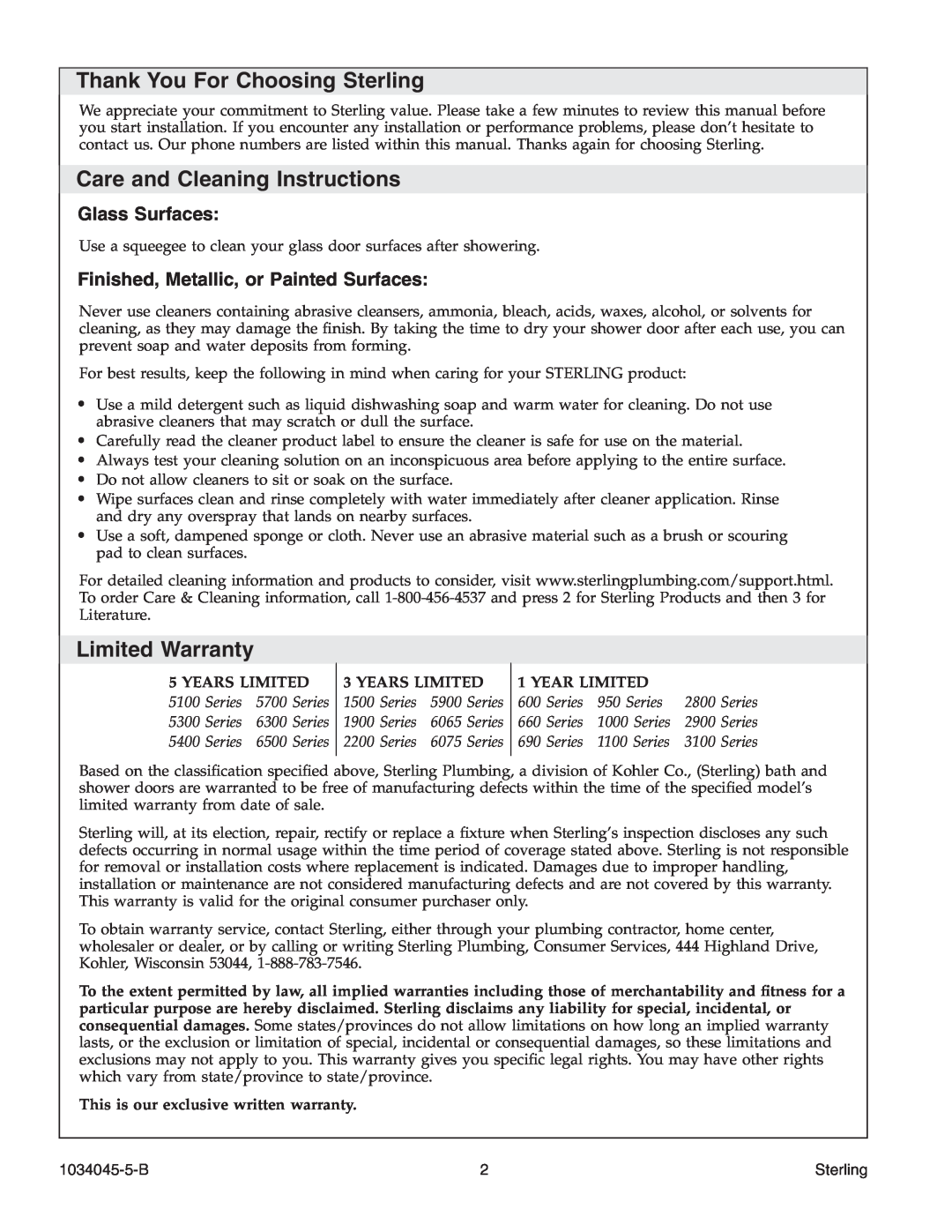 Sterling Plumbing 2200A-36 Thank You For Choosing Sterling, Care and Cleaning Instructions, Limited Warranty, 1034045-5-B 