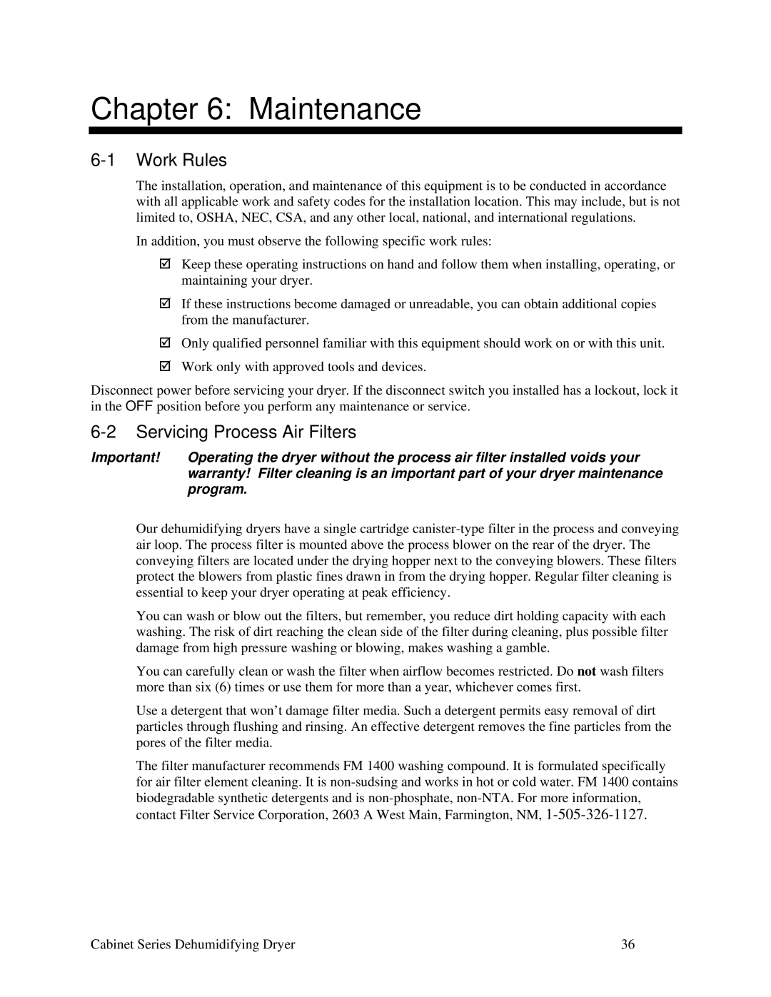 Sterling Plumbing 90, 225, 150, 100 installation manual Maintenance, Work Rules, Servicing Process Air Filters 