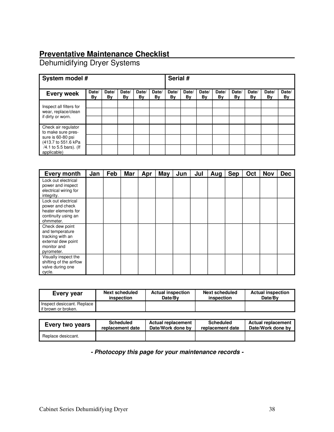 Sterling Plumbing 100, 225, 90, 150 Preventative Maintenance Checklist, System model # Serial #, Every two years 