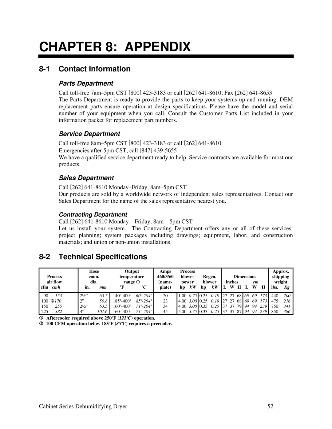 Sterling Plumbing 150, 225, 90, 100 Contact Information, Technical Specifications, Parts Department, Service Department 