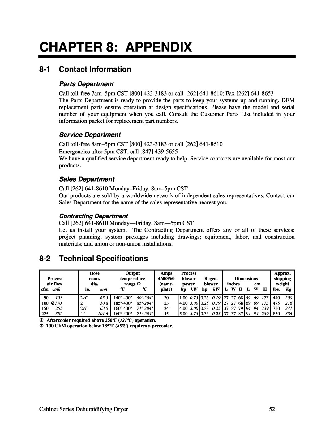 Sterling Plumbing 150 Appendix, 8-1Contact Information, 8-2Technical Specifications, Parts Department, Service Department 
