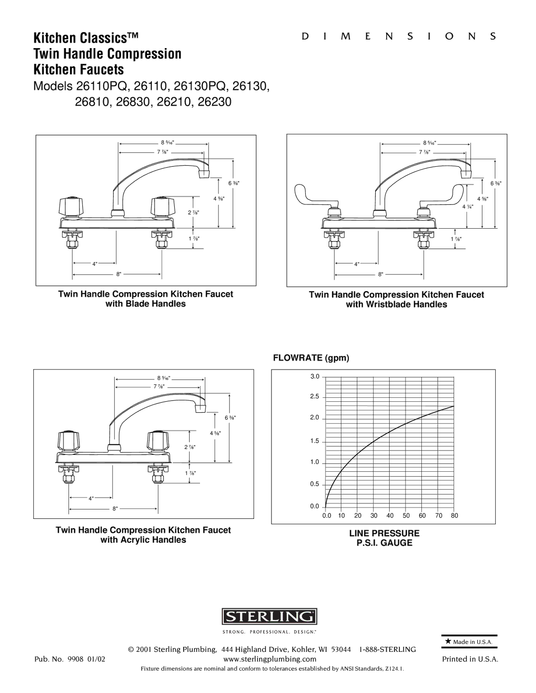 Sterling Plumbing 26230, 26110PQ, 26130PQ specifications 26810, 26830, 26210 