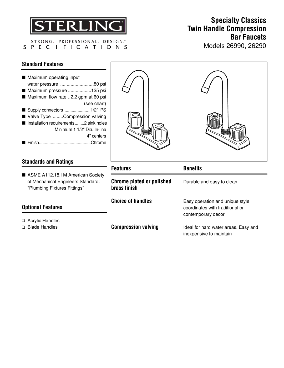 Sterling Plumbing 26290 specifications Specialty Classics Twin Handle Compression Bar Faucets, Models 26990 