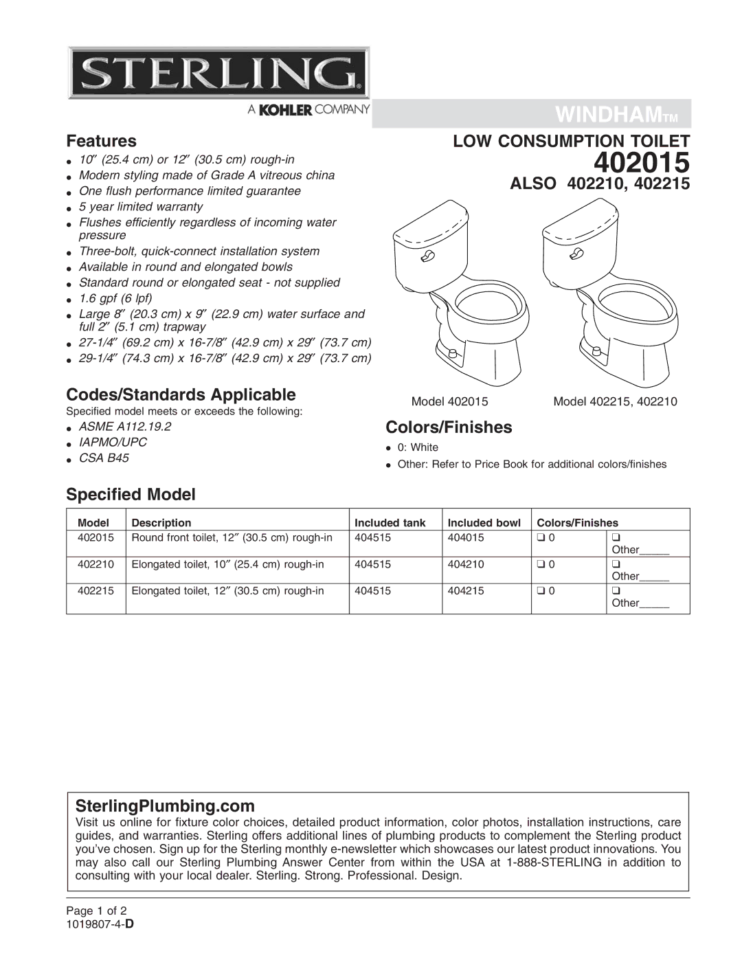 Sterling Plumbing 402015 warranty 