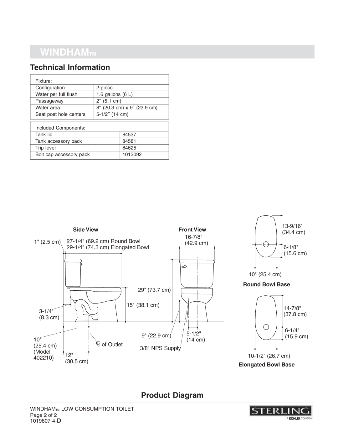 Sterling Plumbing 402015 warranty Technical Information, Product Diagram, Side View Front View, Round Bowl Base 