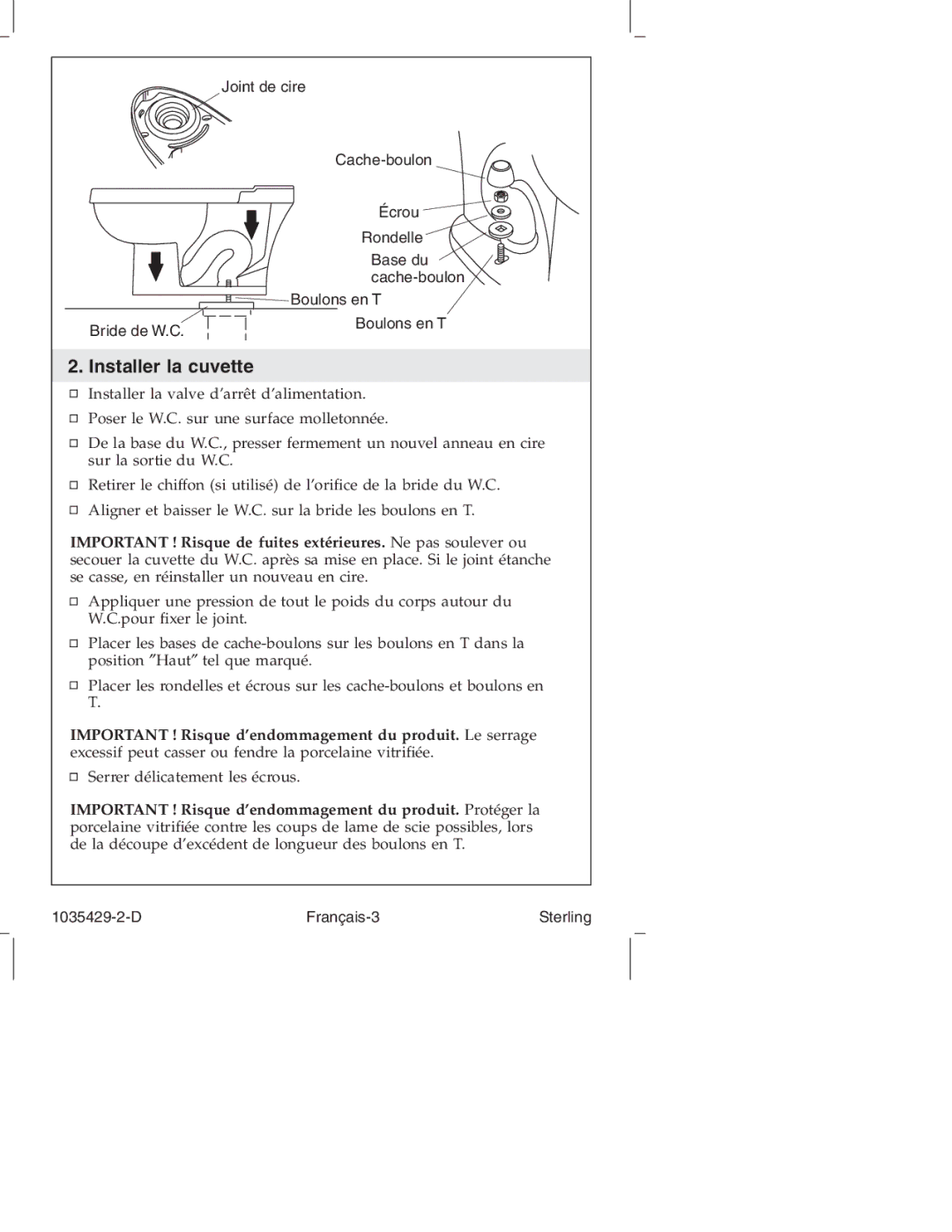 Sterling Plumbing 402025, 402027, 402024, 402028 manual Installer la cuvette 