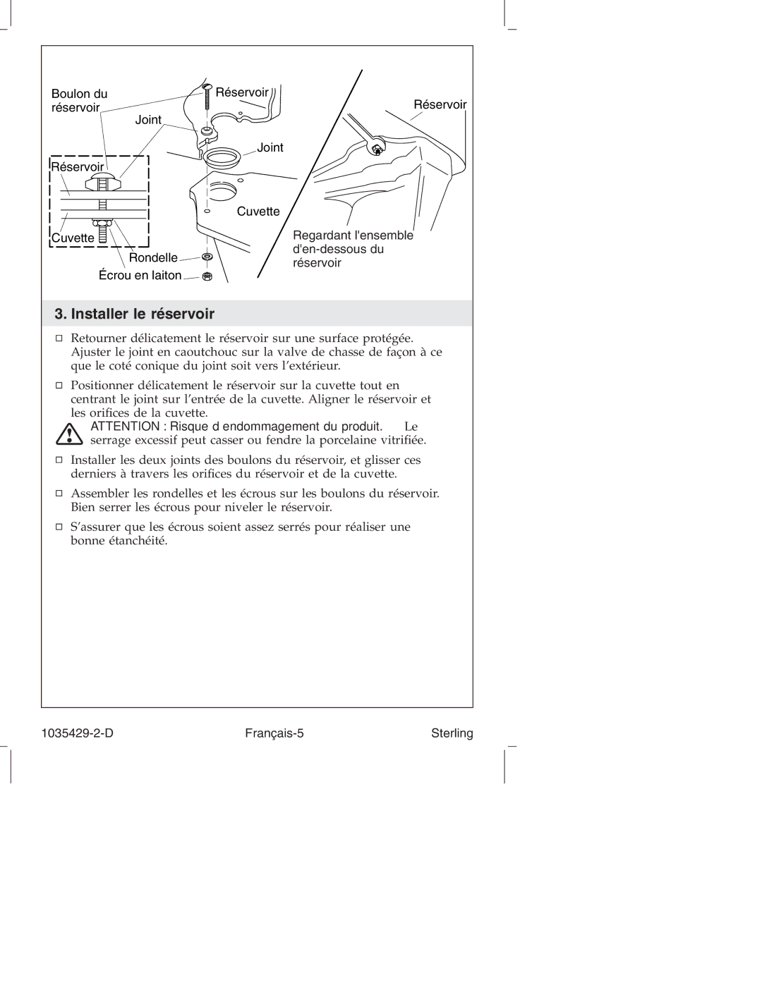 Sterling Plumbing 402027, 402024, 402025, 402028 manual Installer le réservoir, D Français-5 Sterling 