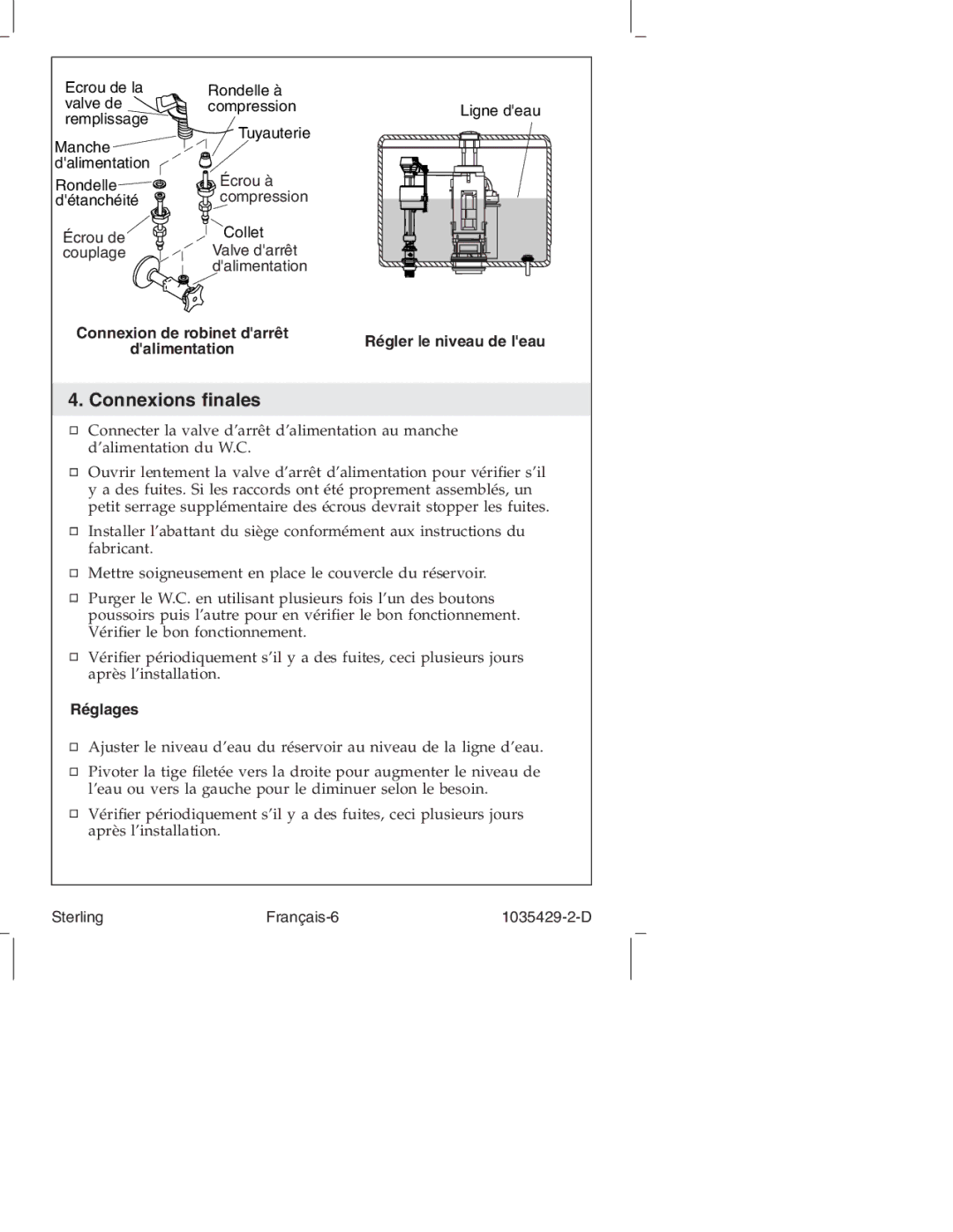 Sterling Plumbing 402024, 402027, 402025, 402028 manual Connexions ﬁnales, Réglages 