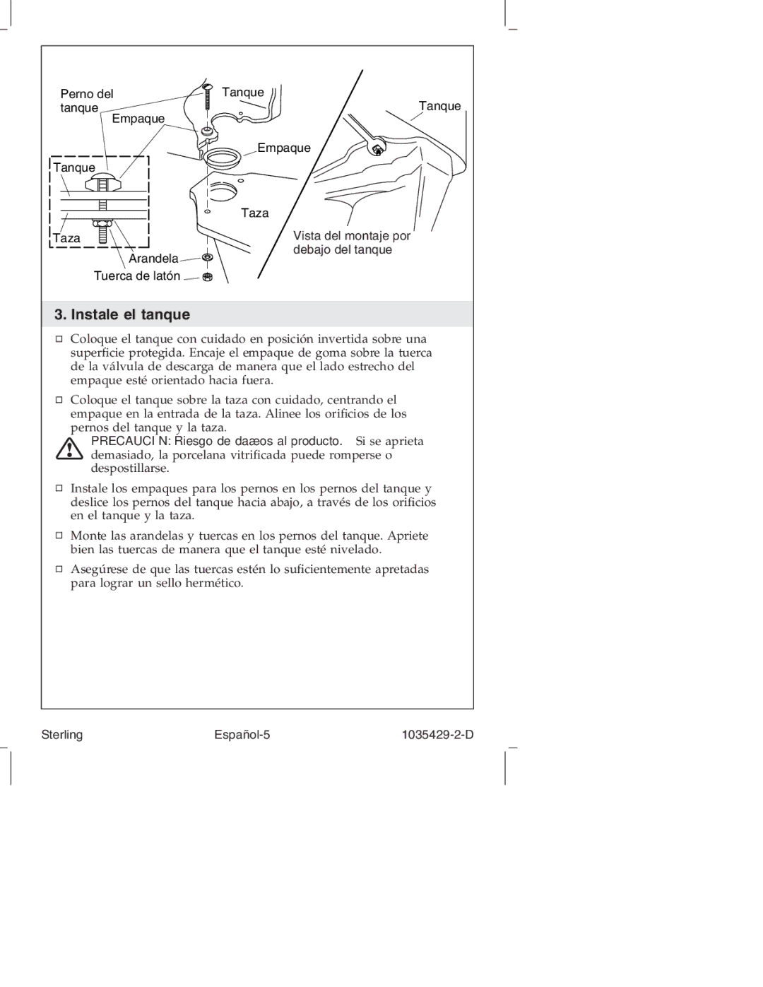Sterling Plumbing 402028, 402027, 402024, 402025 manual Instale el tanque, Sterling Español-5 1035429-2-D 
