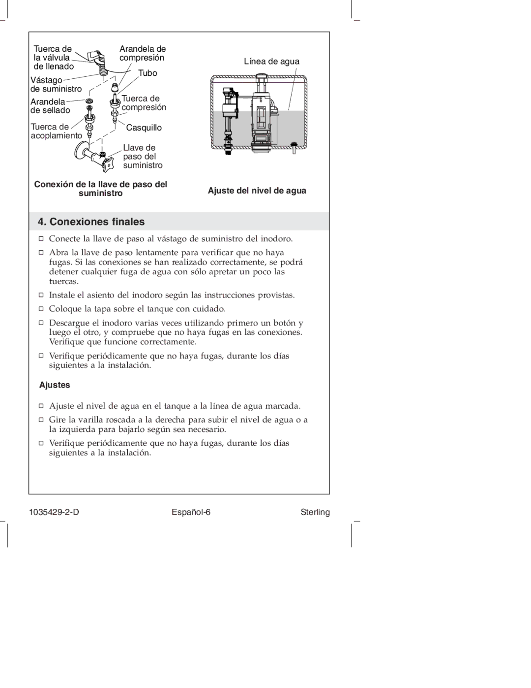 Sterling Plumbing 402027, 402024, 402025, 402028 Conexiones ﬁnales, Conexión de la llave de paso del, Suministro, Ajustes 