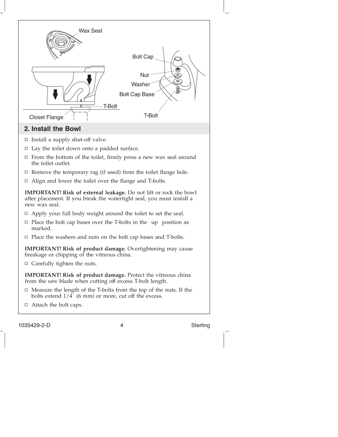 Sterling Plumbing 402027, 402024, 402025, 402028 manual Install the Bowl 