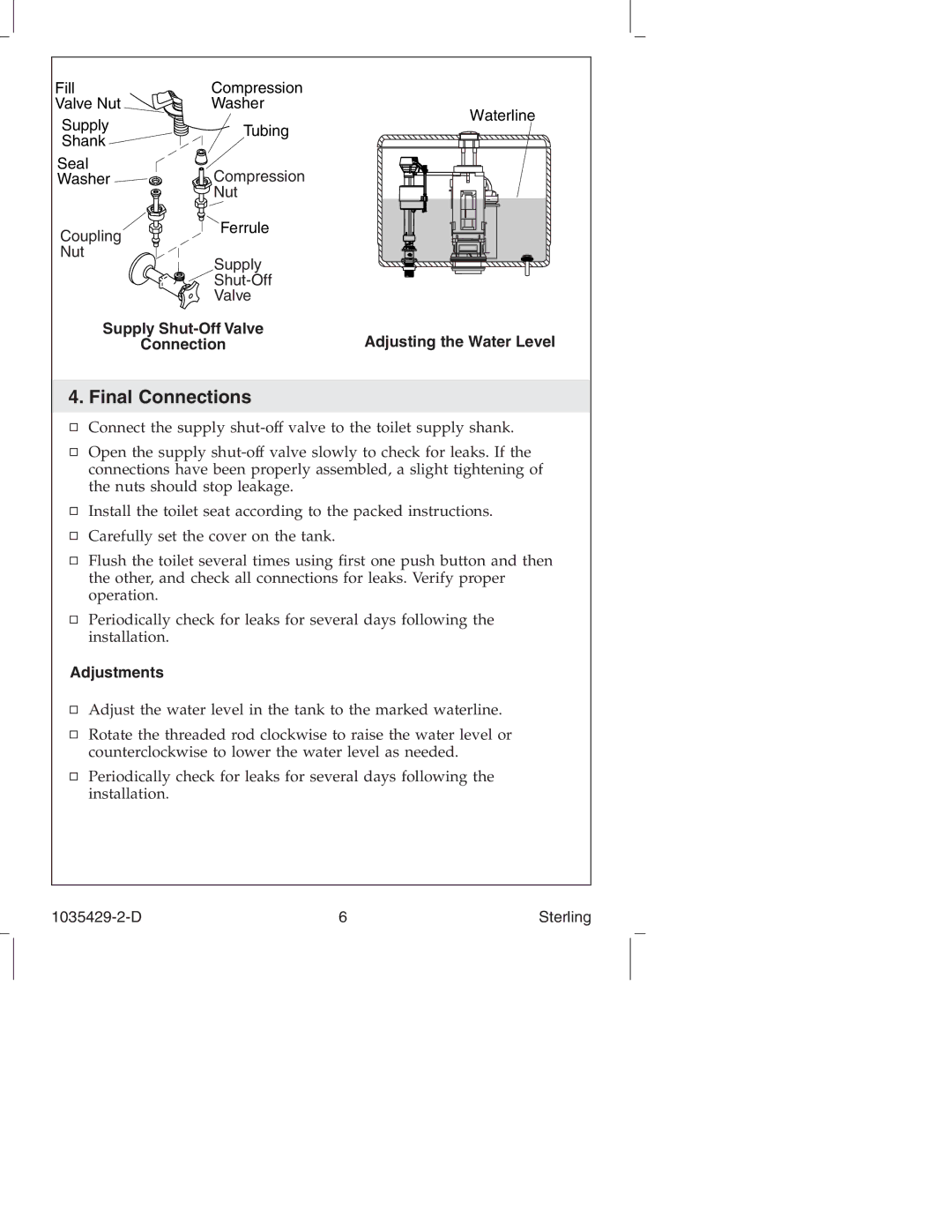 Sterling Plumbing 402025 manual Final Connections, Supply Shut-Off Valve Adjusting the Water Level Connection, Adjustments 