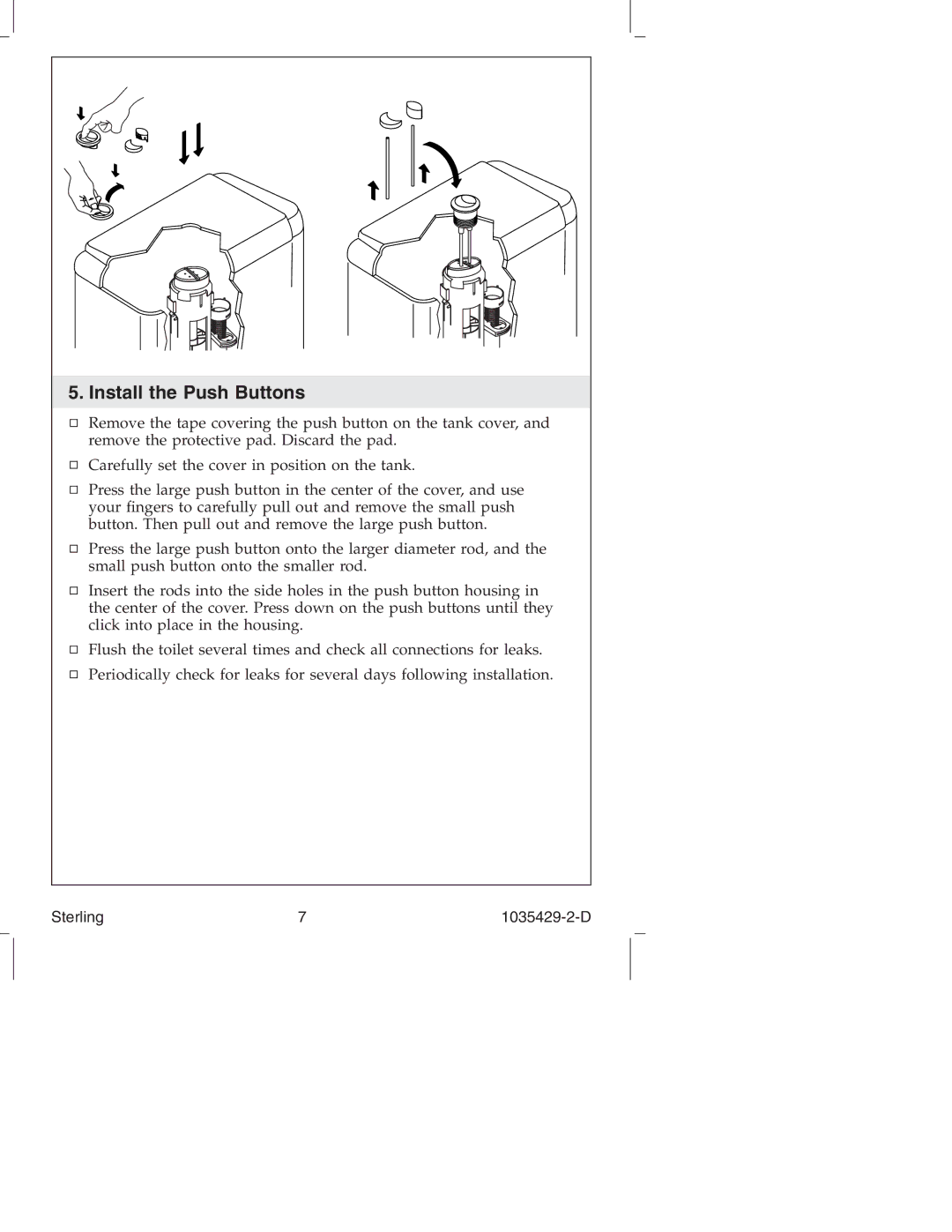 Sterling Plumbing 402028, 402027, 402024, 402025 manual Install the Push Buttons 