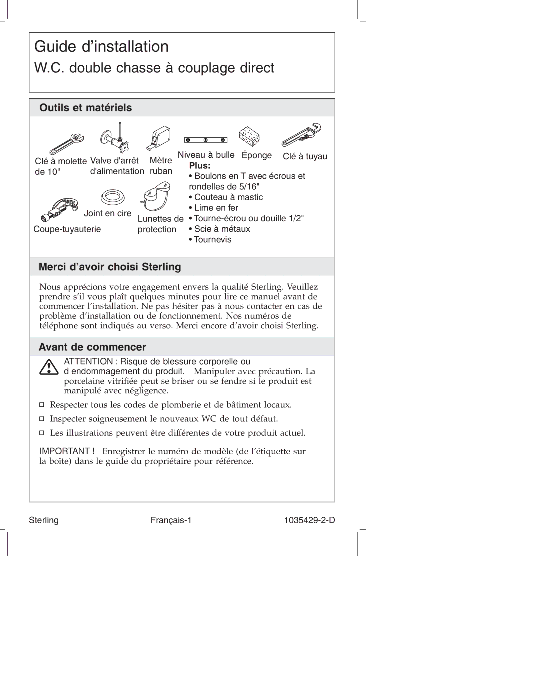 Sterling Plumbing 402027, 402024, 402025, 402028 manual Outils et matériels, Merci d’avoir choisi Sterling, Avant de commencer 
