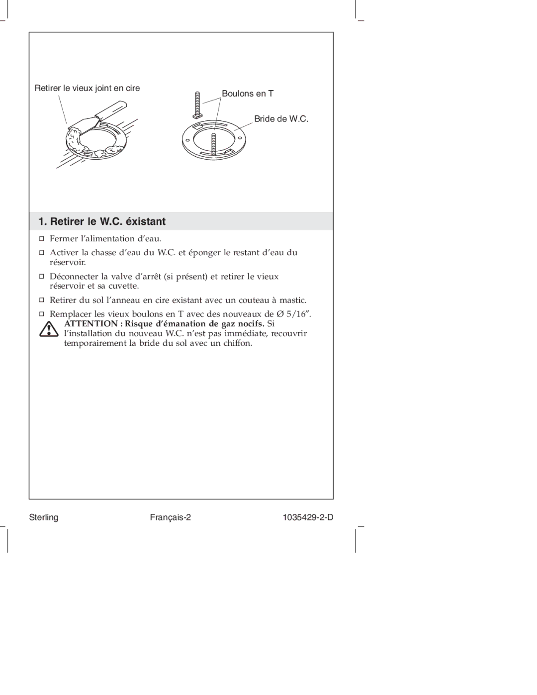 Sterling Plumbing 402024, 402027, 402025, 402028 manual Retirer le W.C. éxistant 