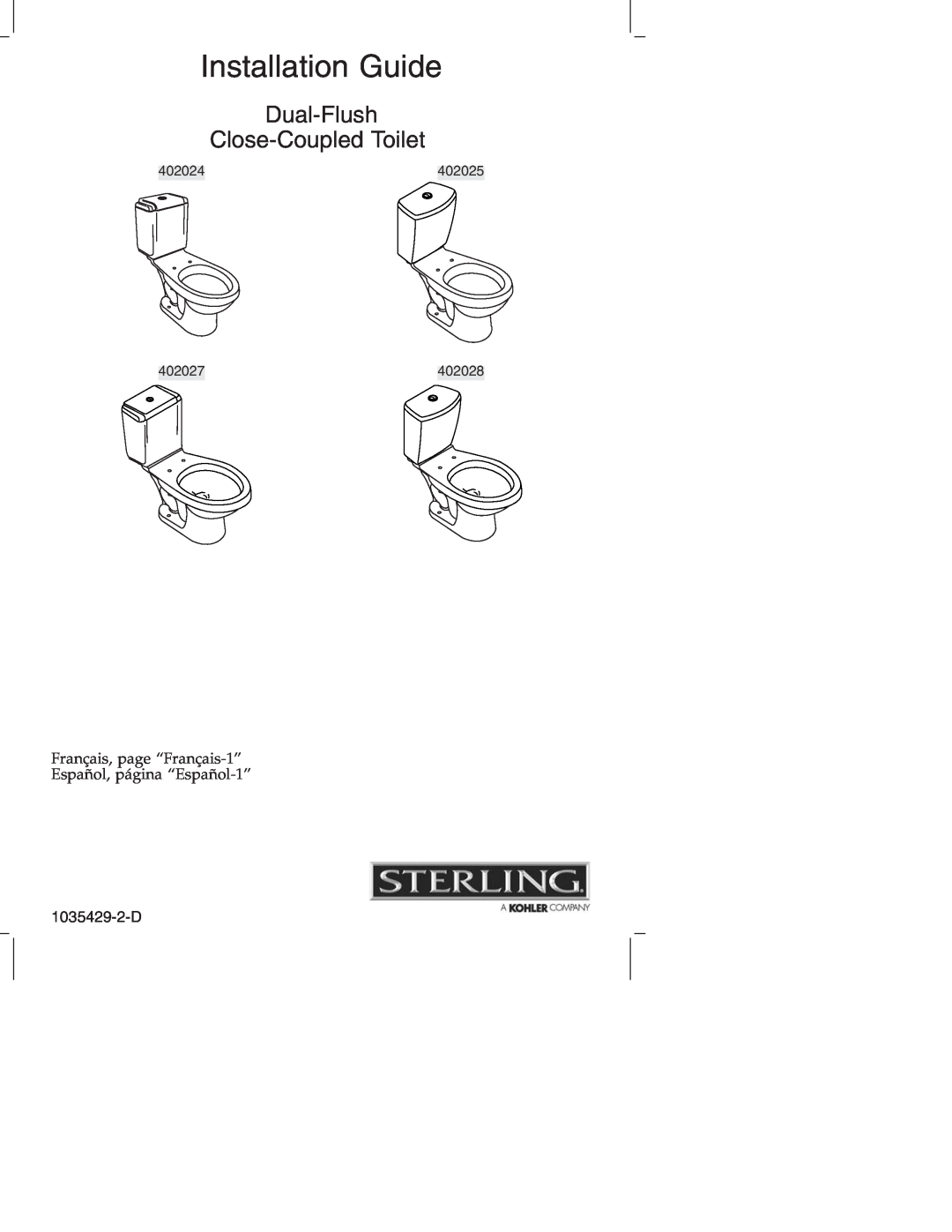 Sterling Plumbing 402024 manual Installation Guide, Dual-Flush Close-CoupledToilet, 402025, 402027, 402028 