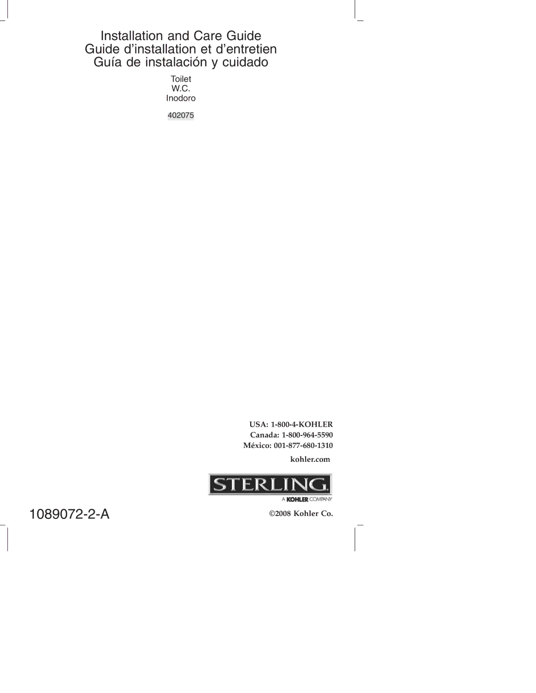 Sterling Plumbing 402075 manual 1089072-2-A 