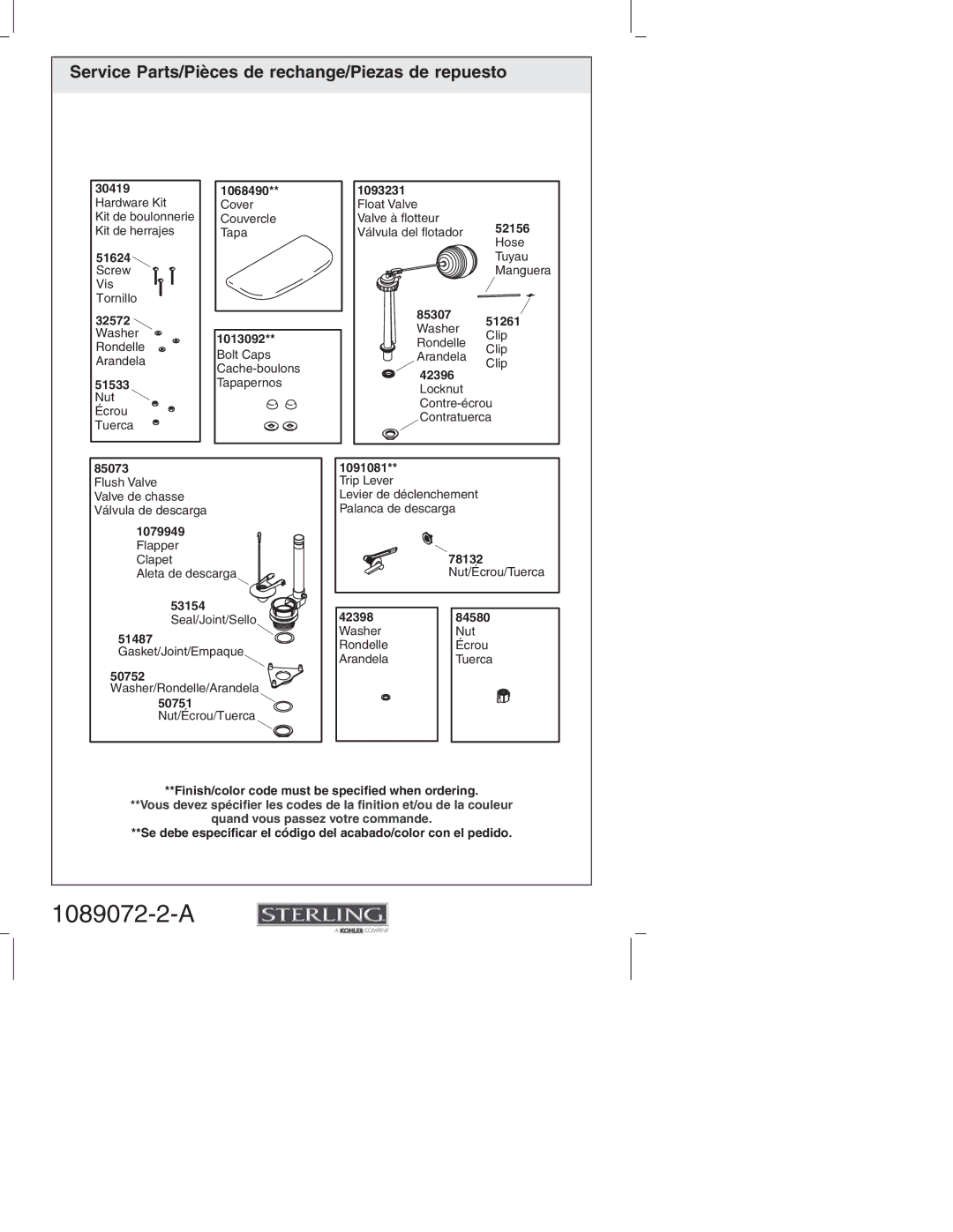 Sterling Plumbing 402075 manual Service Parts/Pièces de rechange/Piezas de repuesto 