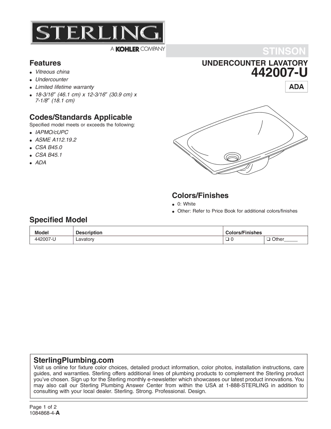 Sterling Plumbing 442007-U warranty 