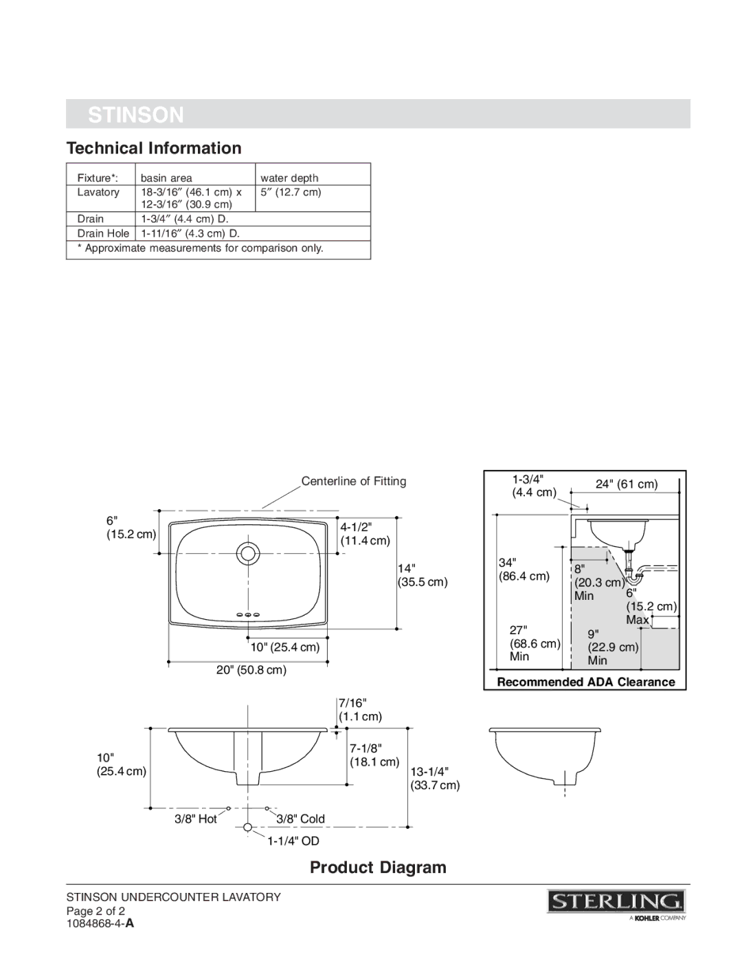 Sterling Plumbing 442007-U warranty Technical Information, Product Diagram 