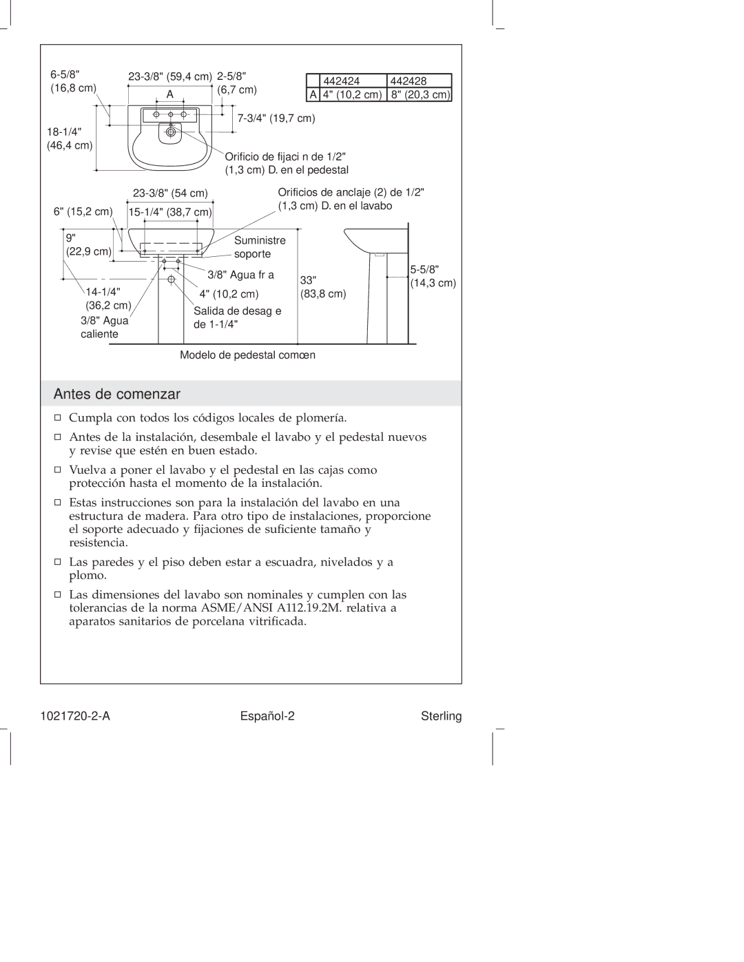 Sterling Plumbing 442428, 442424 manual Antes de comenzar 