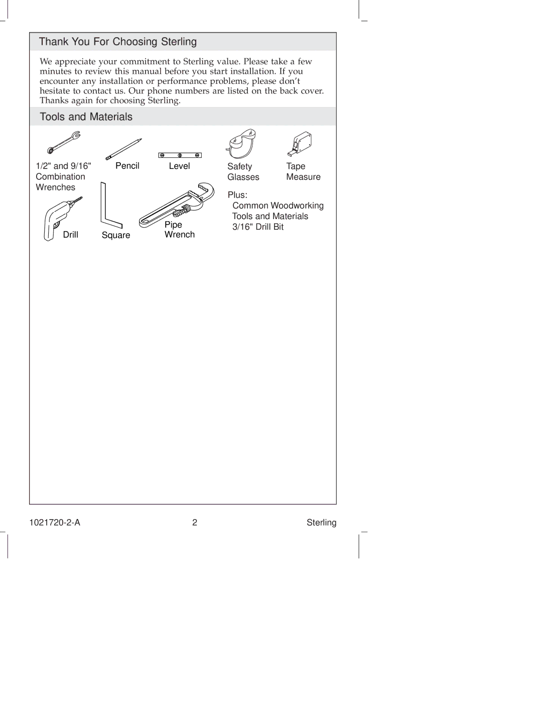 Sterling Plumbing 442428, 442424 manual Thank You For Choosing Sterling, Tools and Materials, Plus 